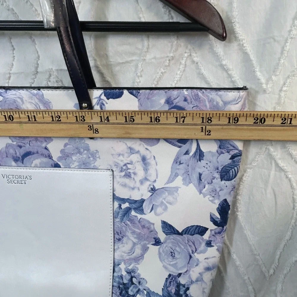 Victoria's Secret Floral Tote Bag Blue Lavender Purple White Large Shoulder NEW